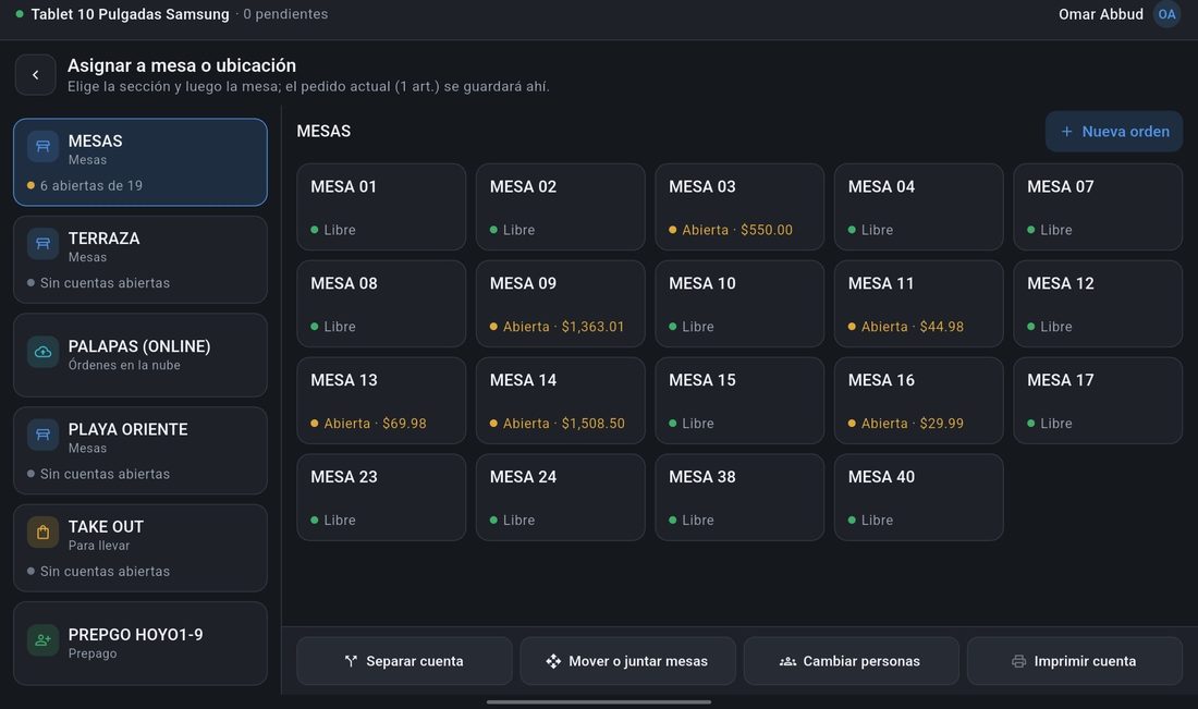 MySoftware POS en tablet: mesas por sección